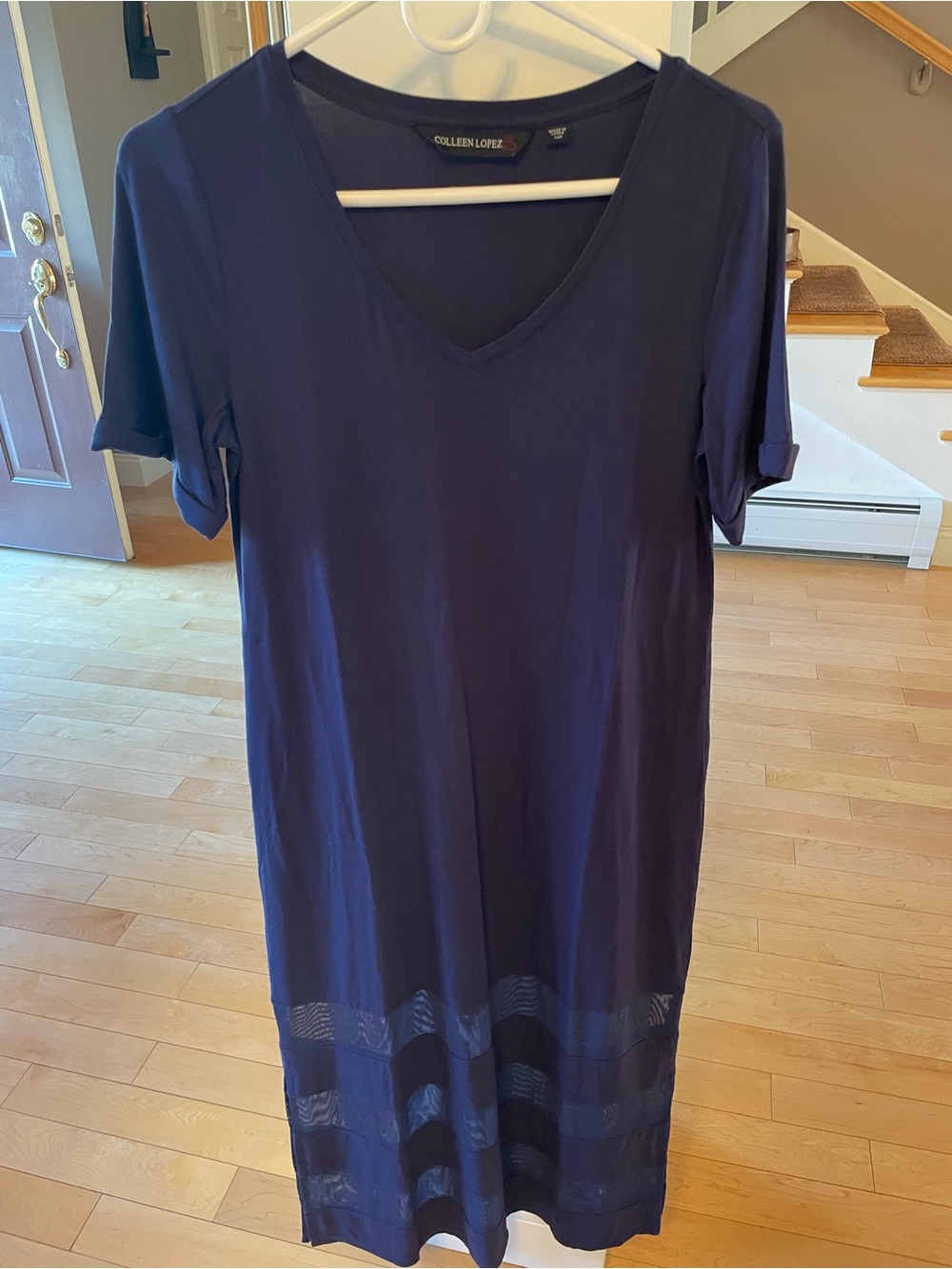 Colleen Lopez Navy V-Neck Short Sleeve Tunic Dress with Sheer Hem Stripes